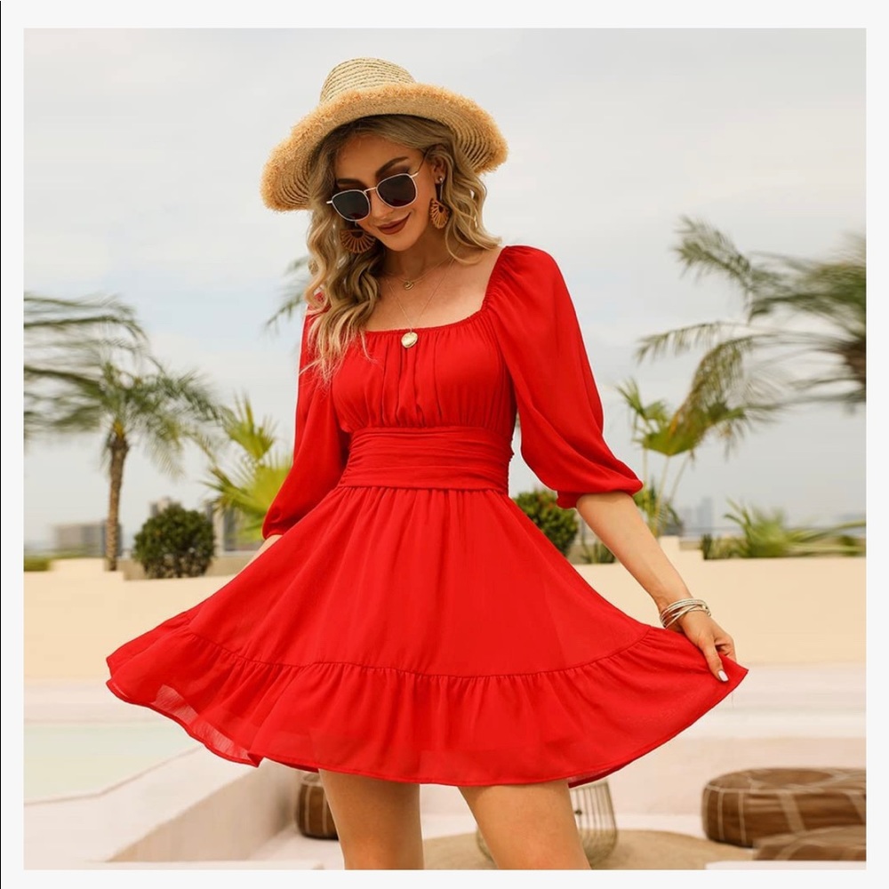 NWT! Exlura Lantern Sleeve, Tie-Back, Off-Shoulder Mini Dress - Size Medium